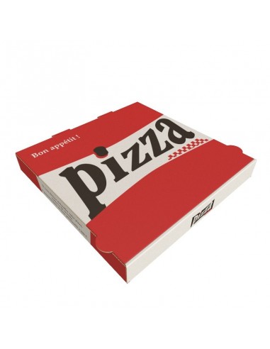 Boîte à pizza rouge et blanche Red City en carton kraft, hauteur 4 cm  Couleur Extérieure Kraft Blanc Couleur Intérieure Kraft Blanc Matière  Carton Colisage 100 Indice de résistance 2 Emballage Décoré