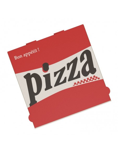 Boîte à pizza Red City, décor rouge, blanc et noir sur carton kraft blanc. Emballage carton robuste.